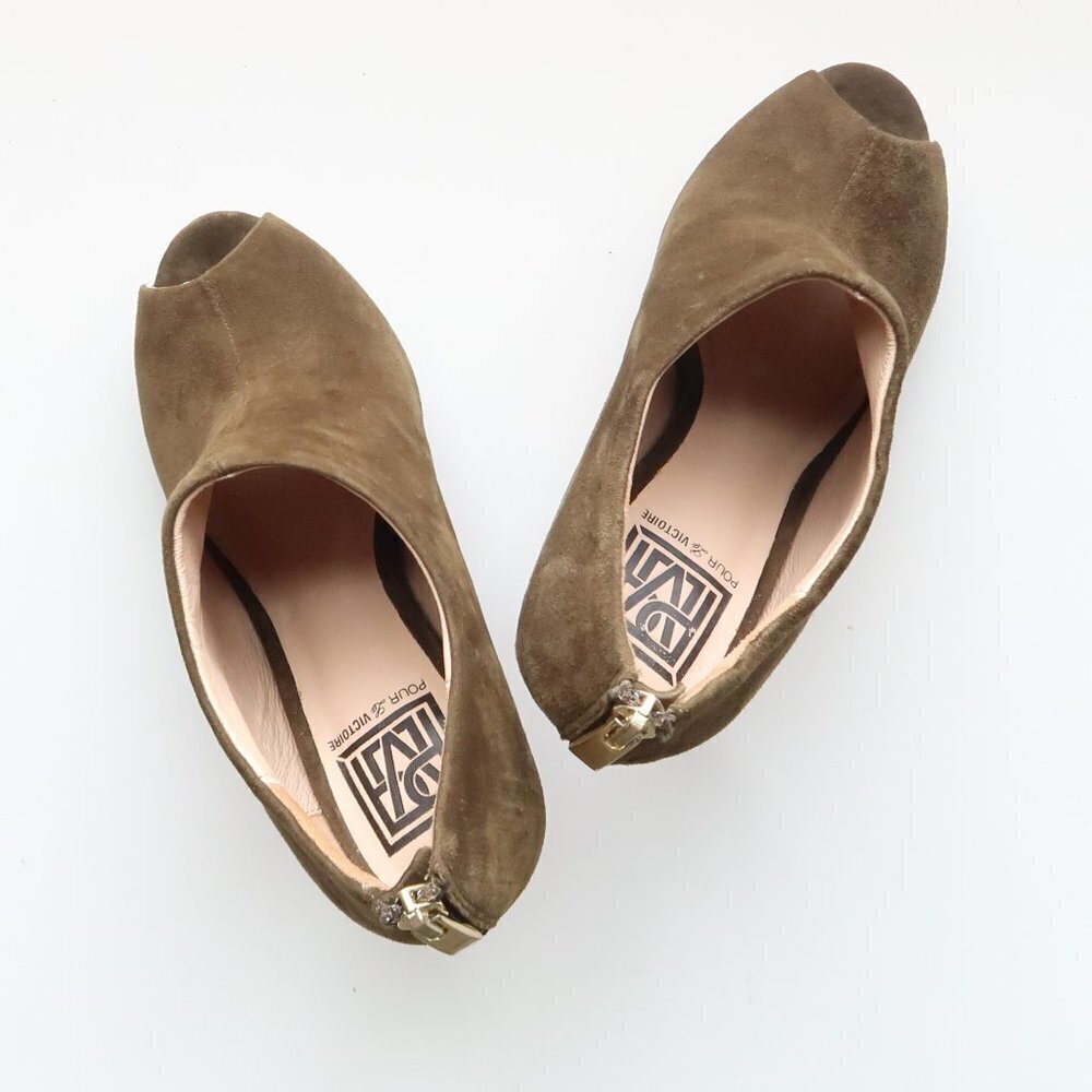 Pour La Victoire Moss Green Suede Leather Peep Toe Stiletto Heel Bootie Shoes 6 - Picture 11 of 15
